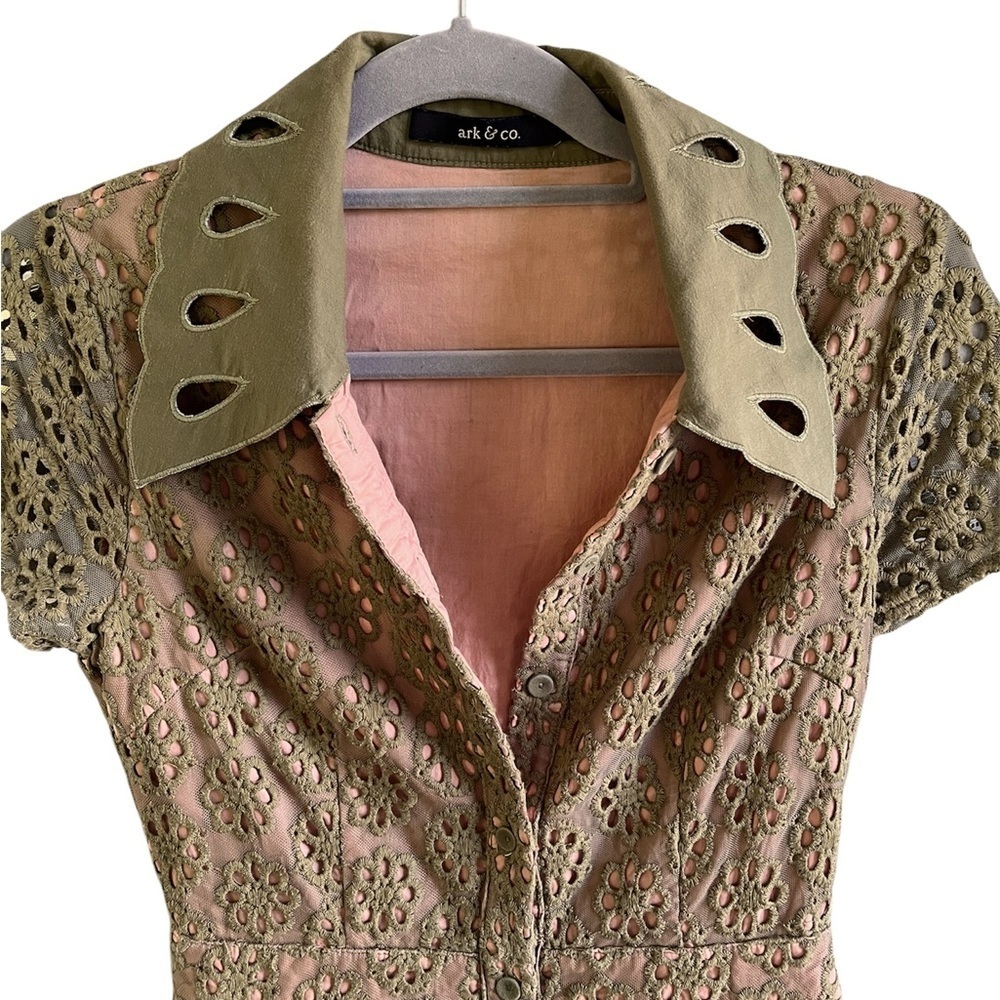 Anthropologie Ark and Co Olive Green Peplum Ruffled Lace Overlay Dress Medium - Picture 7 of 10